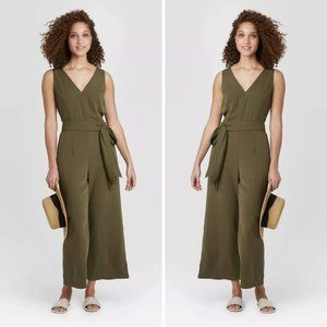 A New Day Olive Green V-neck Belted Jumpsuit XS